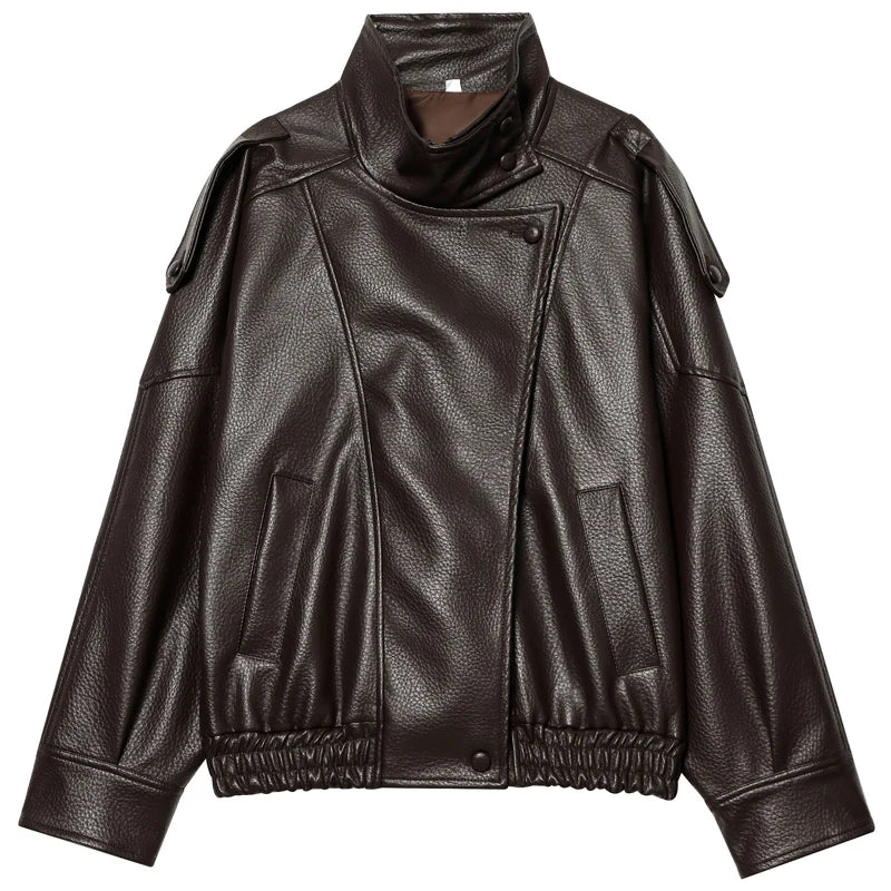Damska skórzana kurtka typu oversize o skróconym kroju